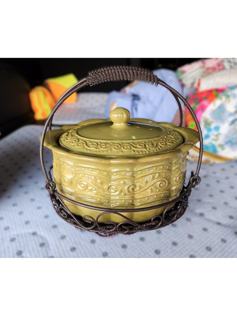 Home & Garden Party Stoneware Lidded Bean Pot Crock Iron Caddy Olive Chartreuse